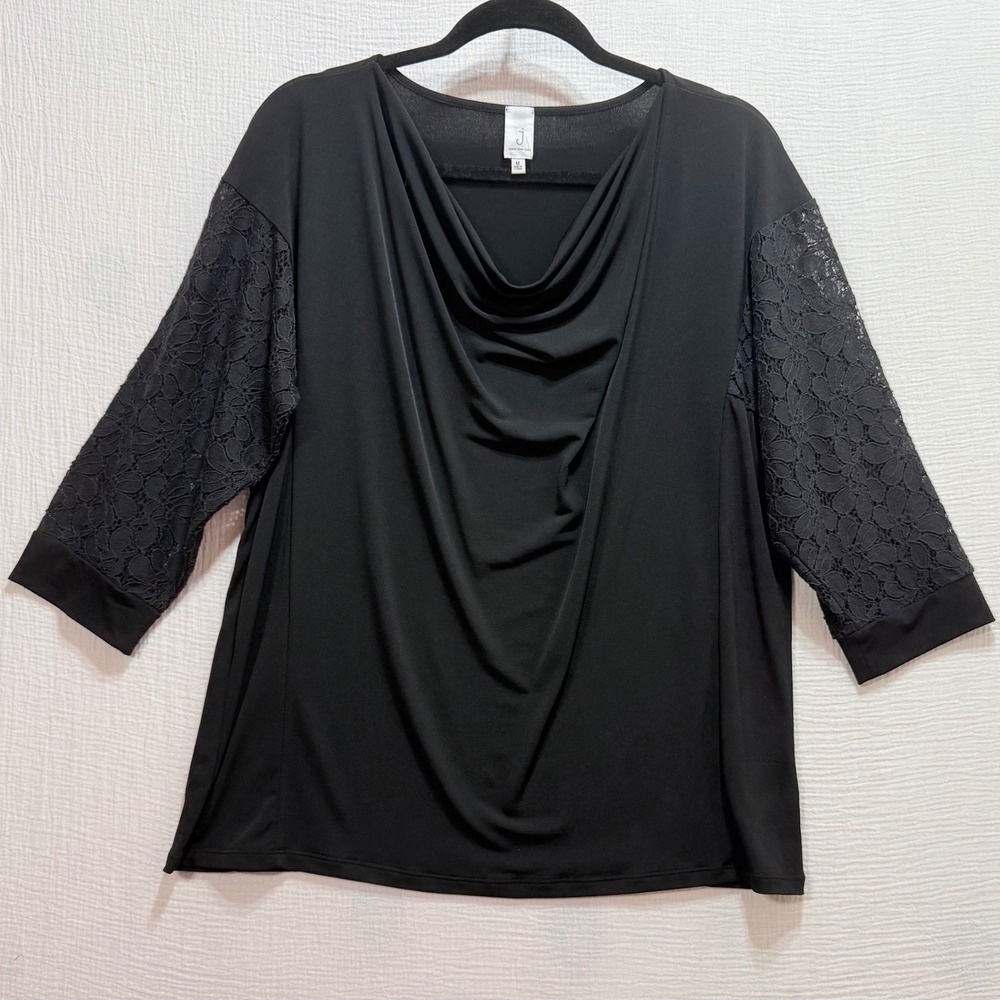Jones New York Cowl Neck Top Womens M Black Lace Sleeve Dressy Goth Office